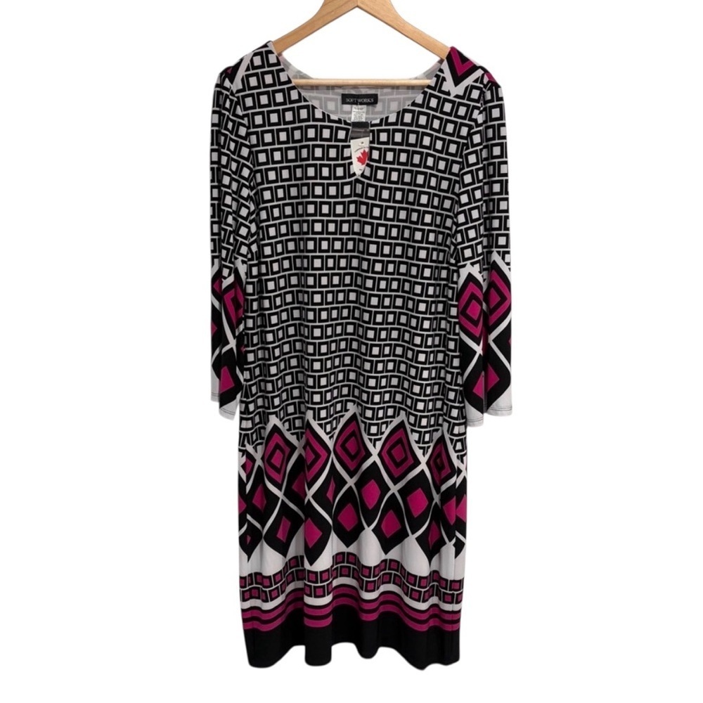 Soft Works Geometric Long Sleeve Dress Silver Detail Stretch NWT